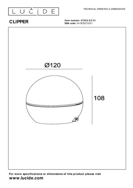 Lucide CLIPPER - Lámpara de mesa Recargable - Batería/acumulador - Ø 12 cm - LED - 1x2,2W 2700K - Blanco - técnico